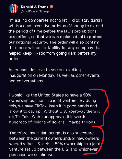 screenshot of a Truth Social post from DJT talking about the TT ban